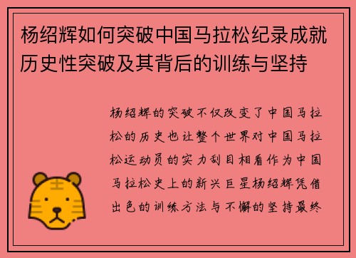 杨绍辉如何突破中国马拉松纪录成就历史性突破及其背后的训练与坚持